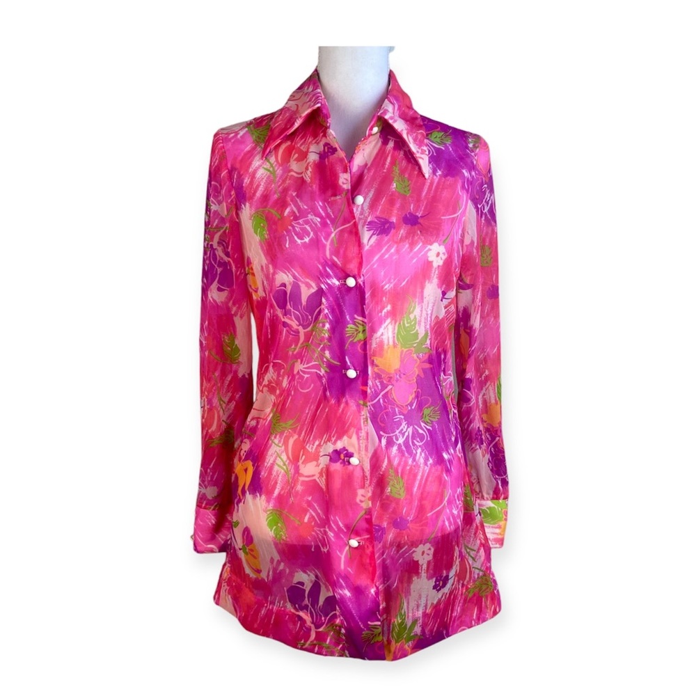 Sears Vintage Swim Cover Up Pink Floral Sheer Long Sleeve Button Front Small??